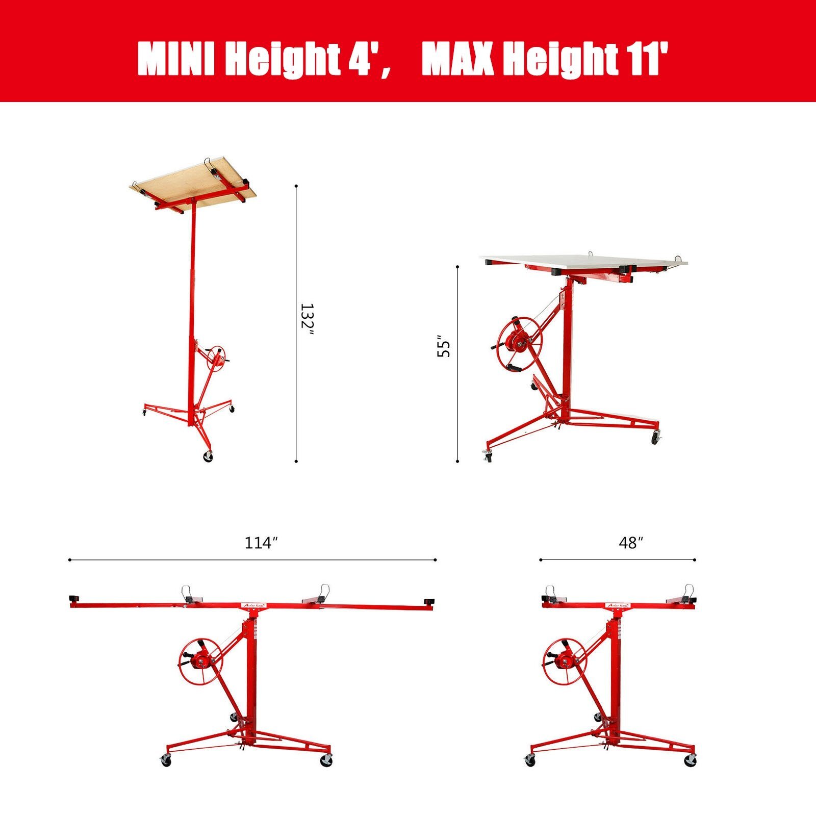 11FT Drywall Lifter Panel Hoist Dry Wall Rolling Caster Lifter Construction Tool