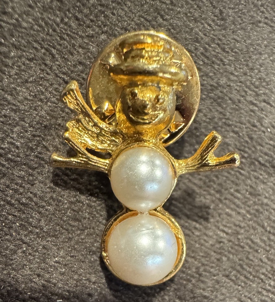 Festive Winter Goldtone Snowman Faux Pearl Brooch Pin Christmas Holiday