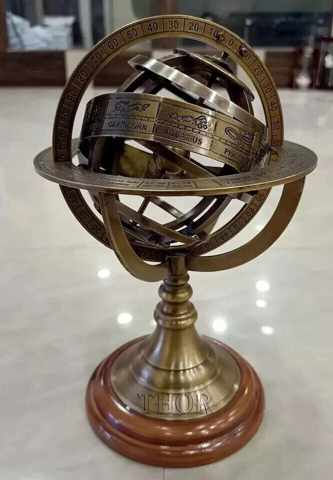 Nautical Sphere World Globe With Base Engraved Brass Tabletop Decor Armillary