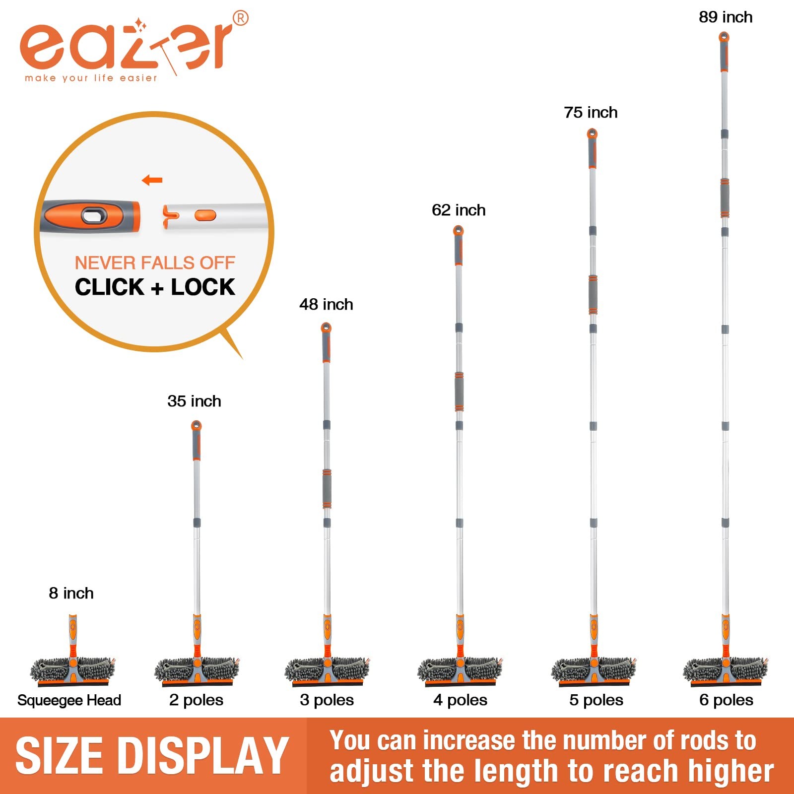 Eazer 89'' Squeegee Window Cleaner 2 in 1 89in, Orange, Gray, Silver