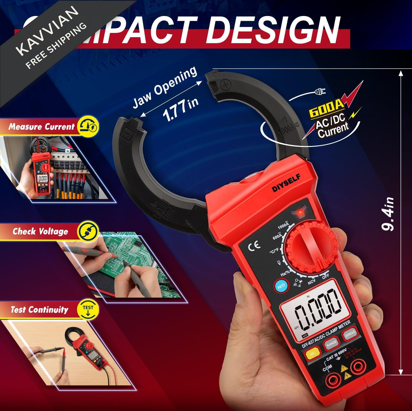DIYSELF 6000 Counts Digital Clamp Meter, True RMS AC/DC Voltage Compact, Red