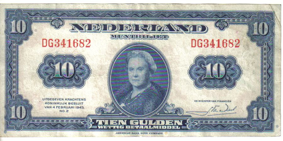 NETHERLANDS, 10 GULDEN, Qn. Wilhelmina @ ctr, 1943