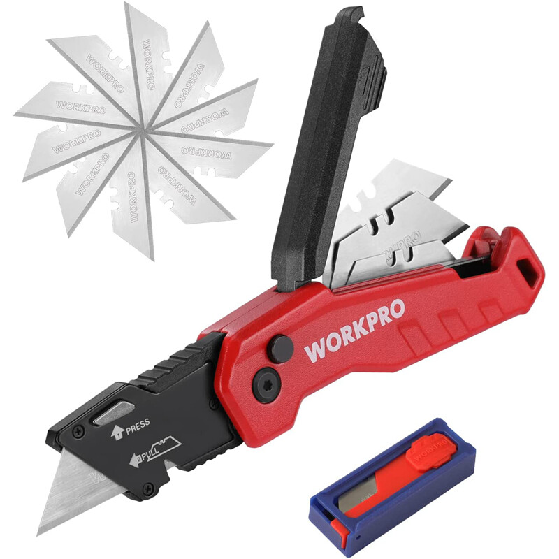 WORKPRO Folding Utility Knife Quick Change Box Cutter w/13PC Blade Red/Blue/Pink
