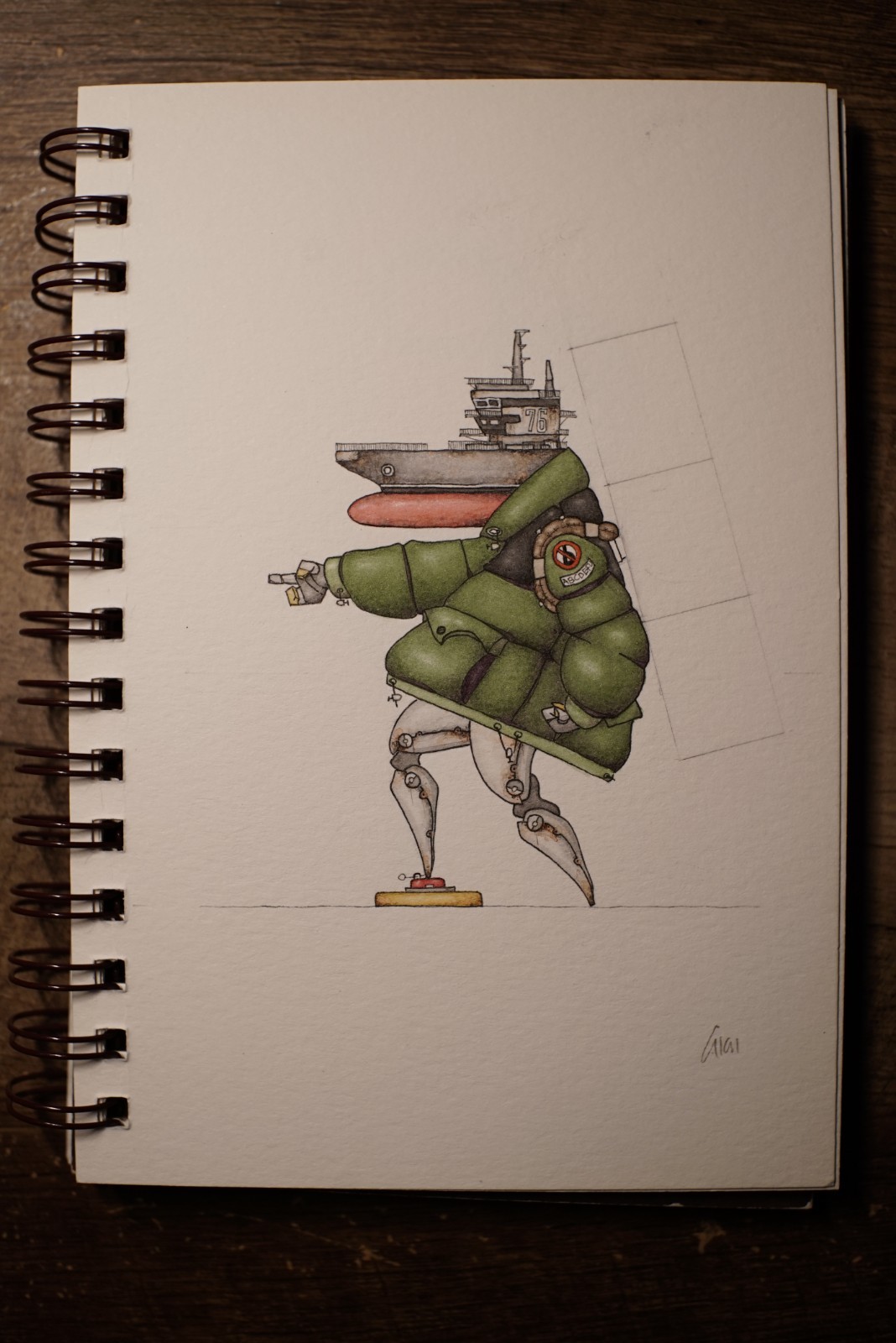 Nope Carrier Watercolor Art Drawing, Ship, Original Art