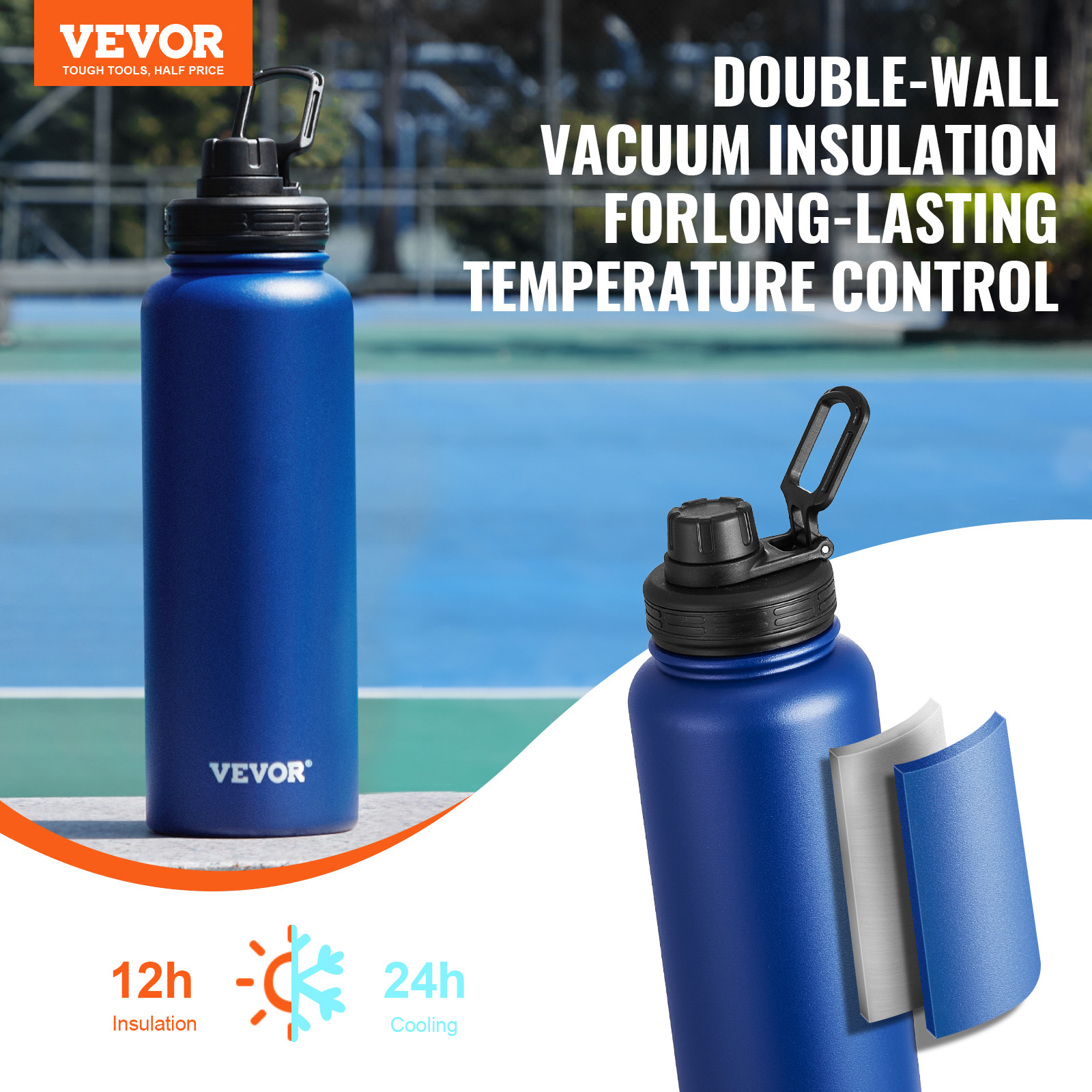 VEVOR 40 oz Insulated Water Bottle Stainless Steel with Wide Mouth Lid Blue