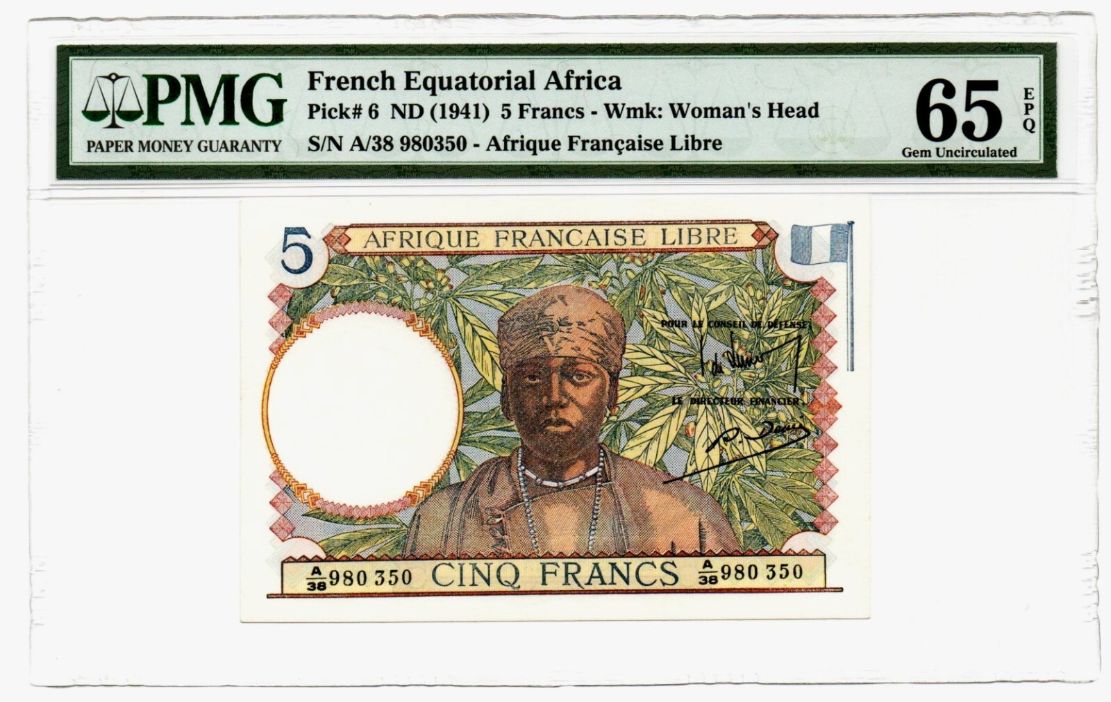 French Equatorial Africa: 5 Francs ND (1941) Pick 6 PMG Gem Uncirculated 65 EPQ.