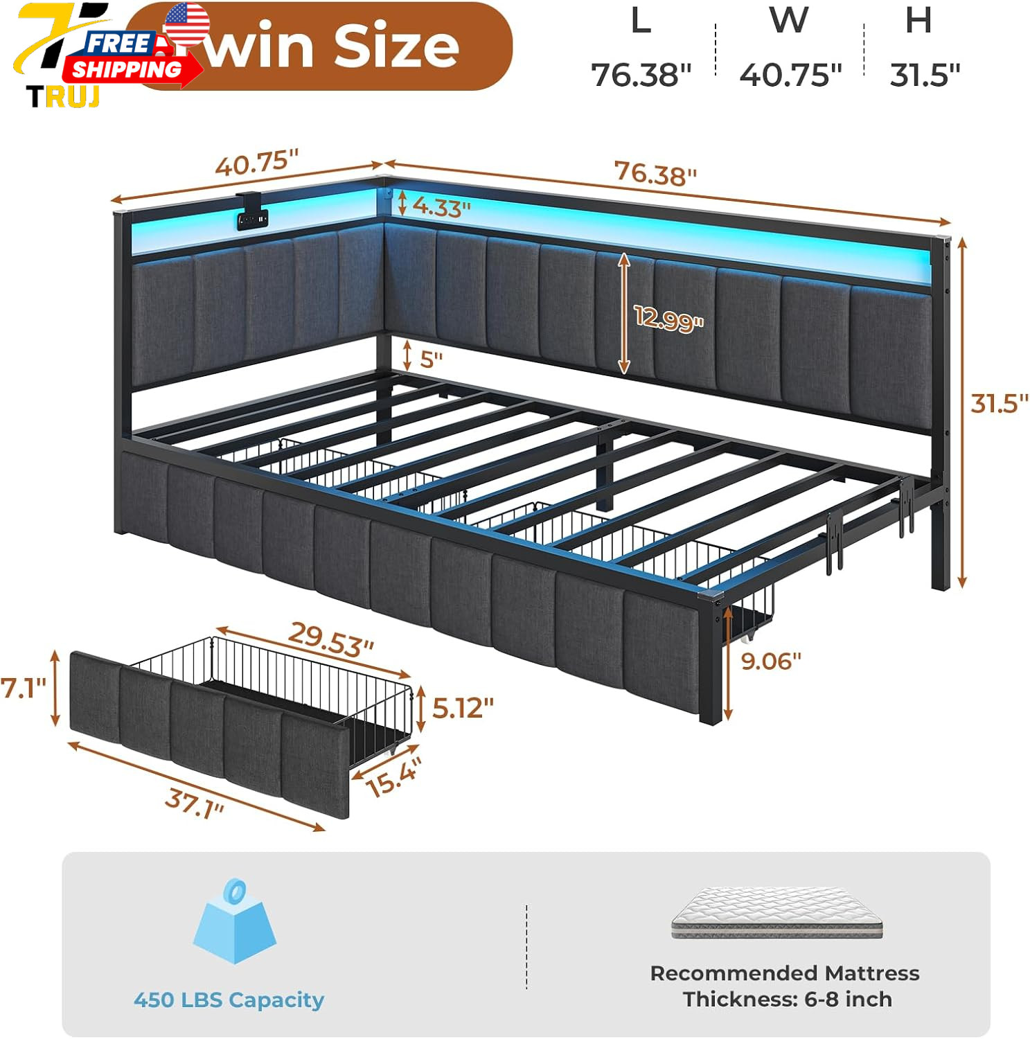 Twin Size Bed Frame with 2 Storage Drawers & Charging Station twin Platform Corn