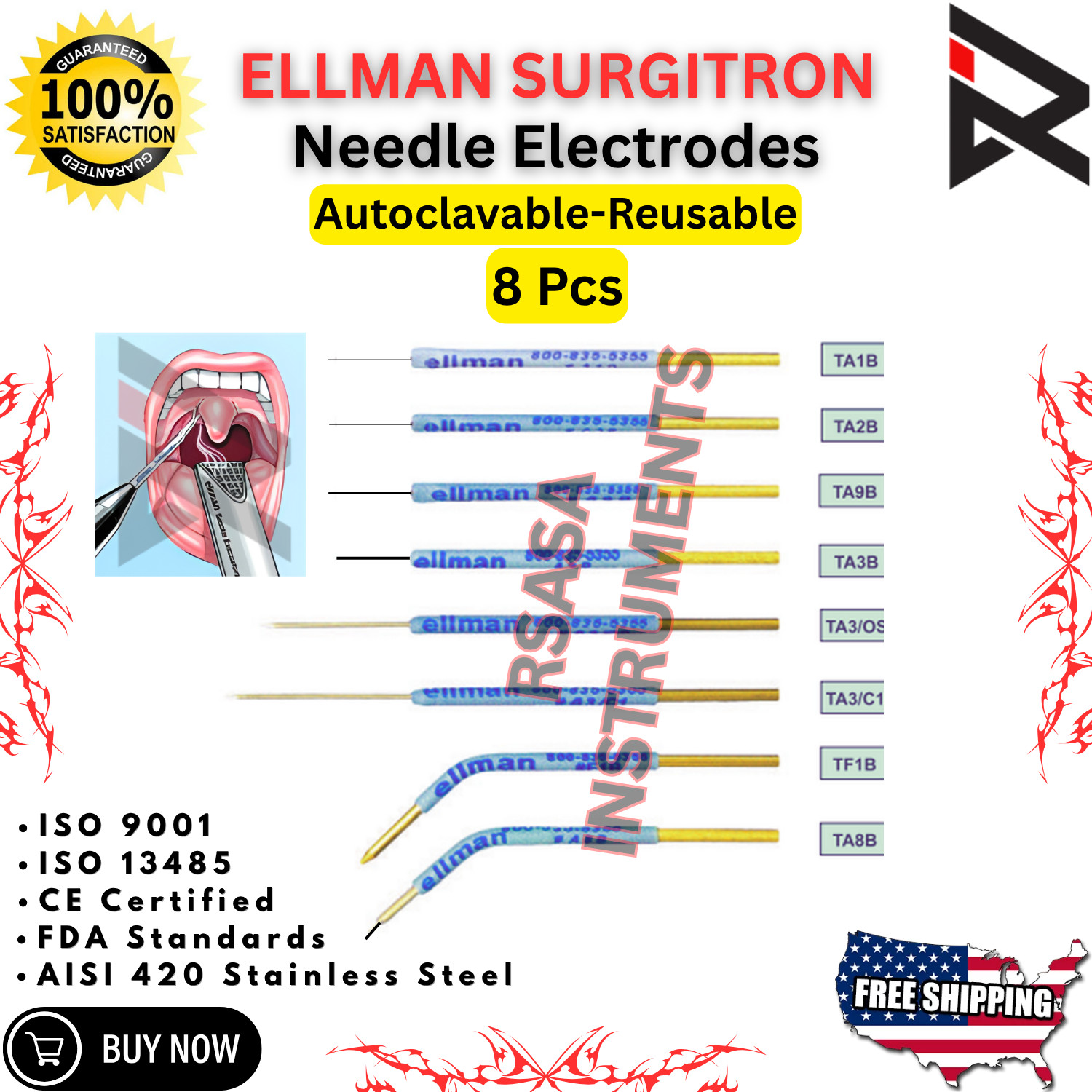 8Pcs Electrosurgical Needle Electrodes Autoclavable-Reusable Tungsten Tips CE