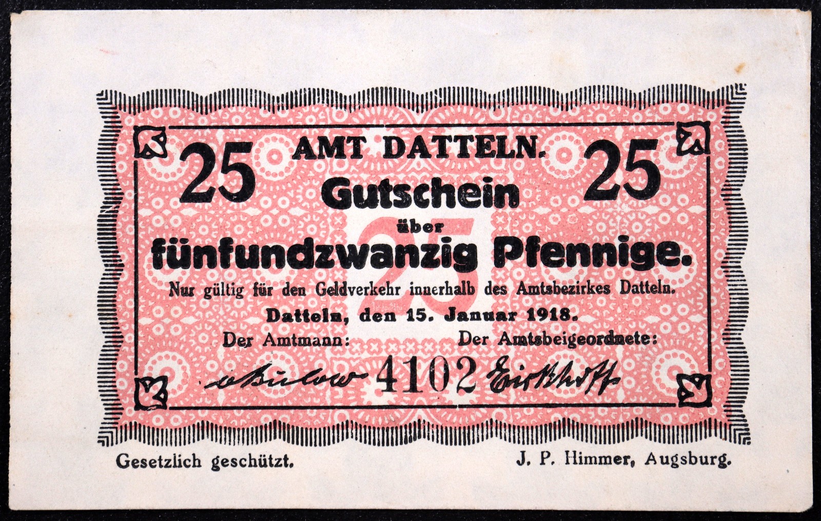 DATTELN 1918 RARE Watermark 25 Pfennig Complete set of one German Notgeld