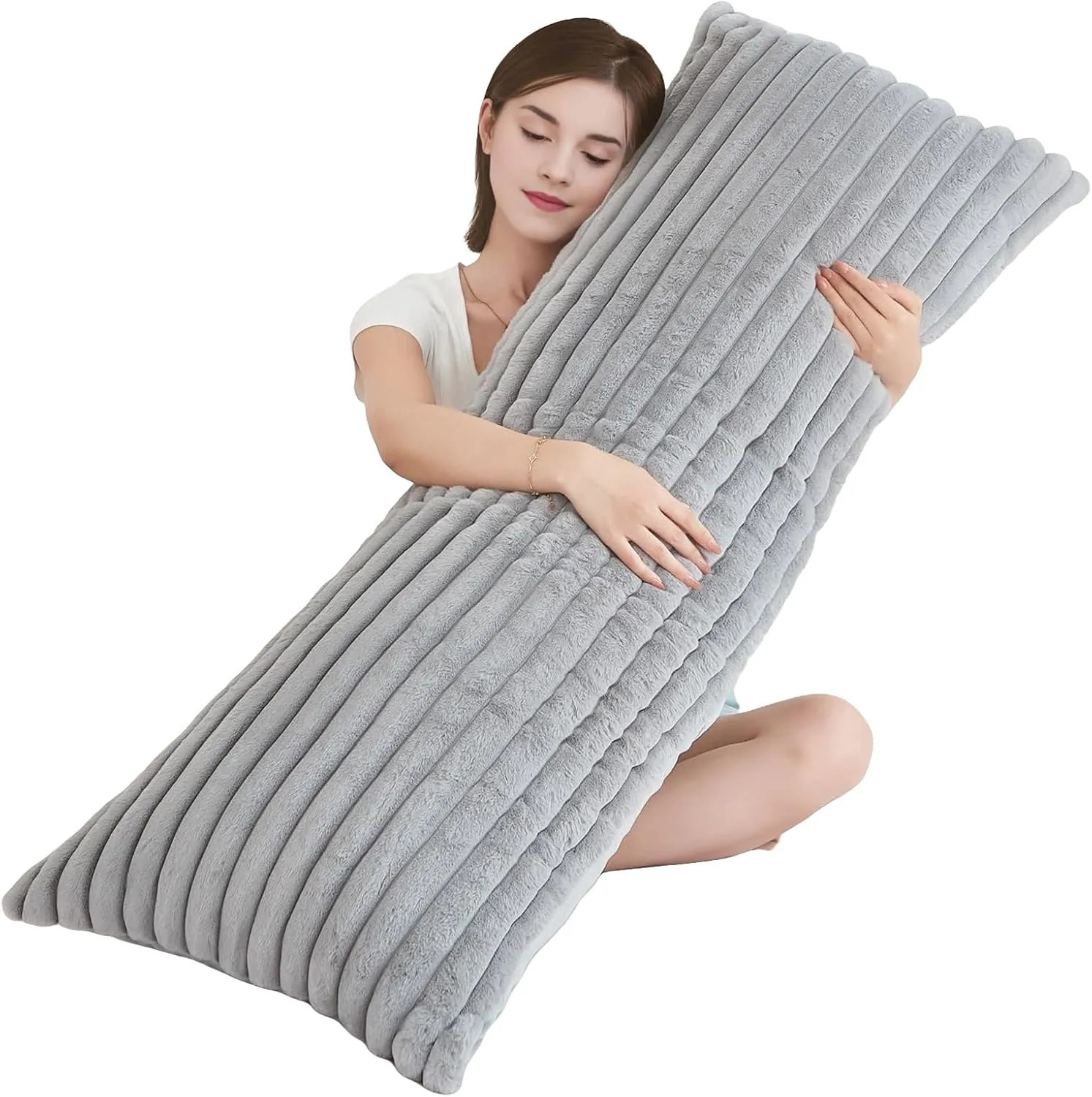 Full Body Pillow 20x54 Inches Fluffy Stripe Faux Fur Gray For Side Sleepers New