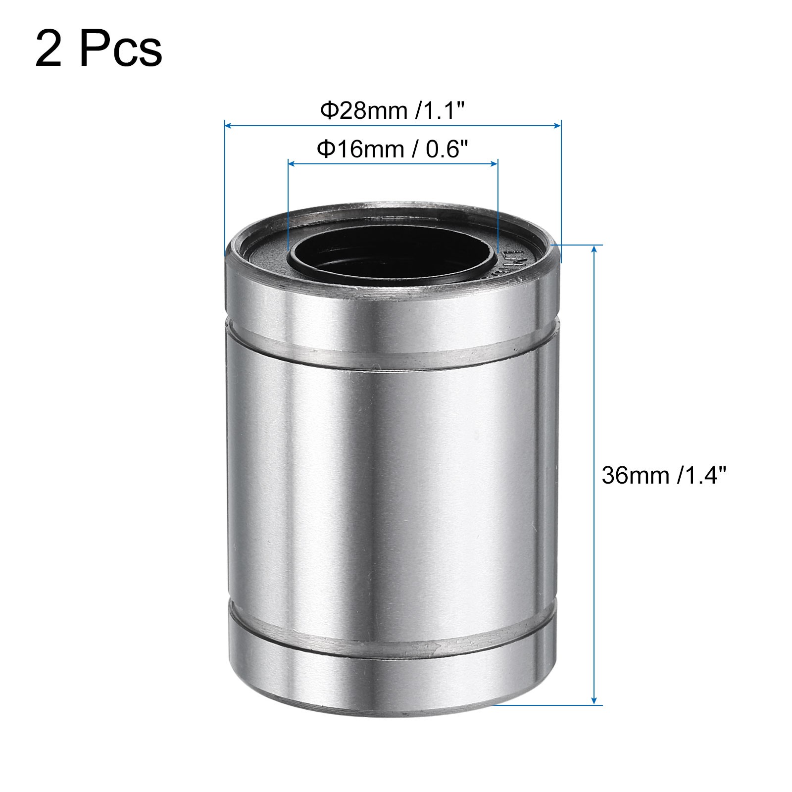 2Pcs LM16UU Linear Bearing 16mm Bore 28mm OD 36mm Length