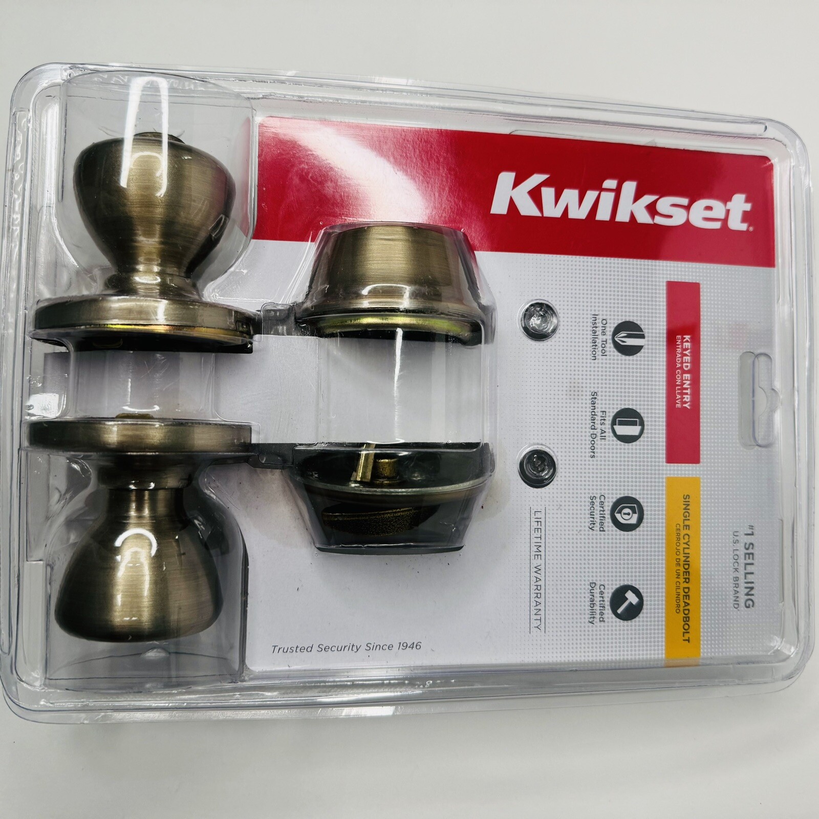 Kwick Set Door Lock Set 96900-254, Antique Brass Entry Knob & Single Cylinder