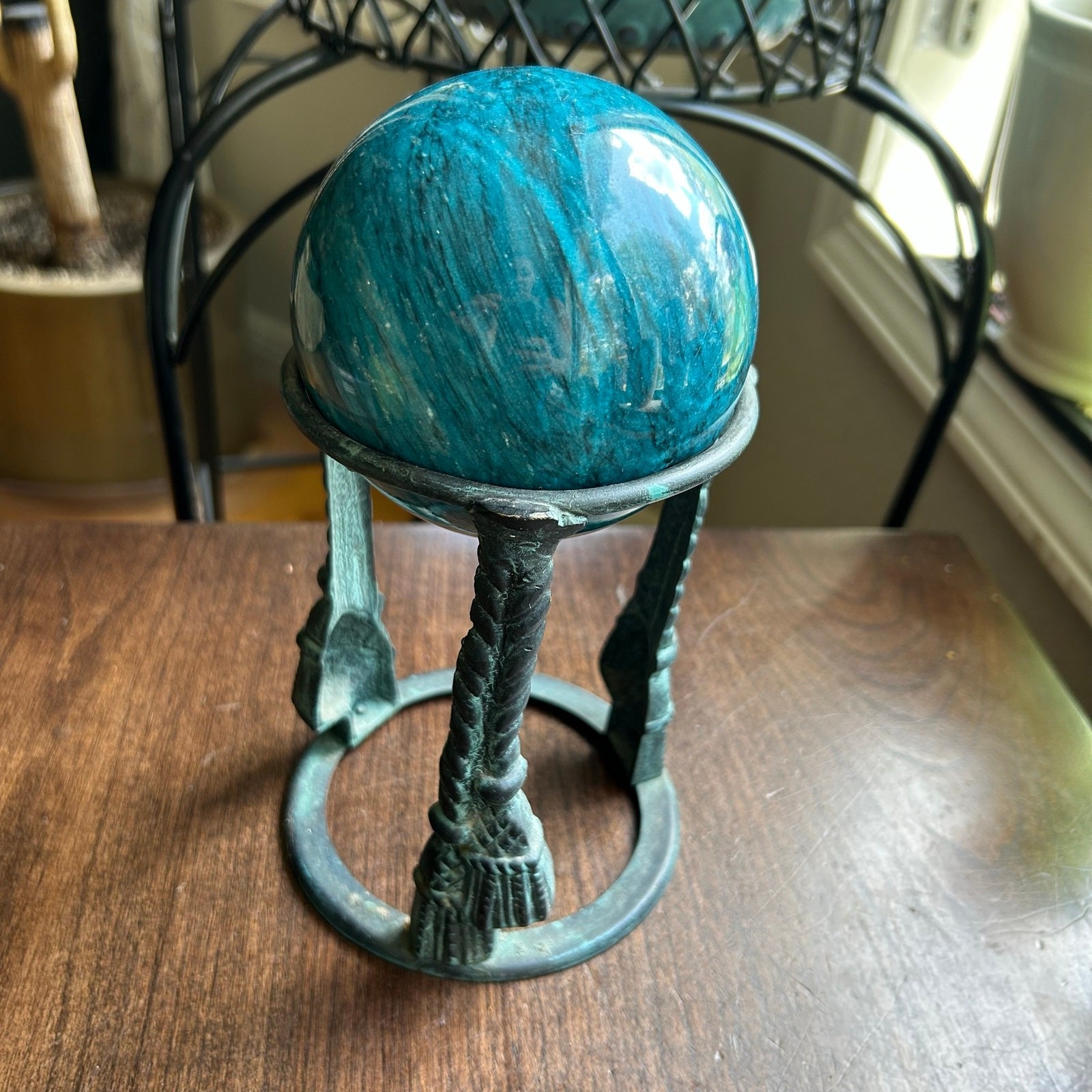 Blue Marble Orb or Sphere Neo Classical Patinated Tripod Stand with Lion's Faces