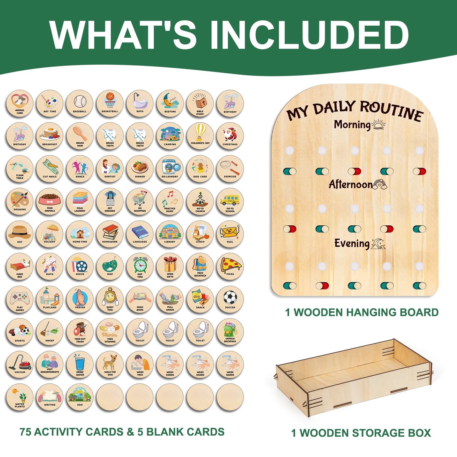 Wooden Chore Chart for Kids - Daily Visual Routine Schedule with 80 Task Card...