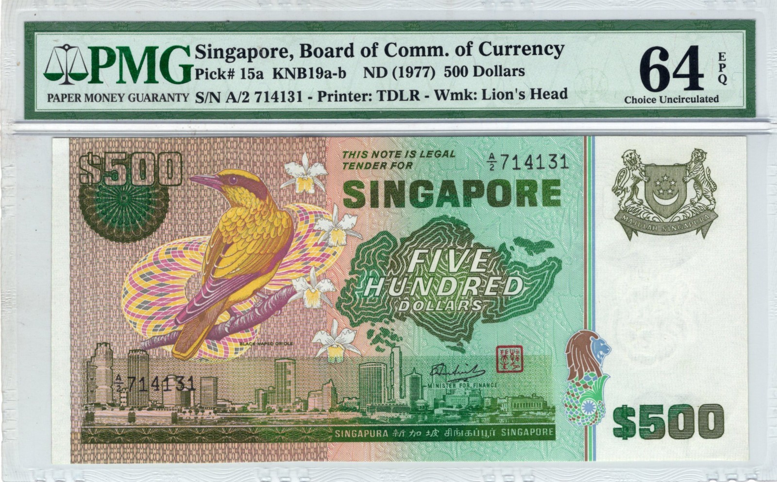 SINGAPORE 500 DOLLARS 1977 P 15 GRADED PMG 64. VERY SCARCE. 5RW 08SET