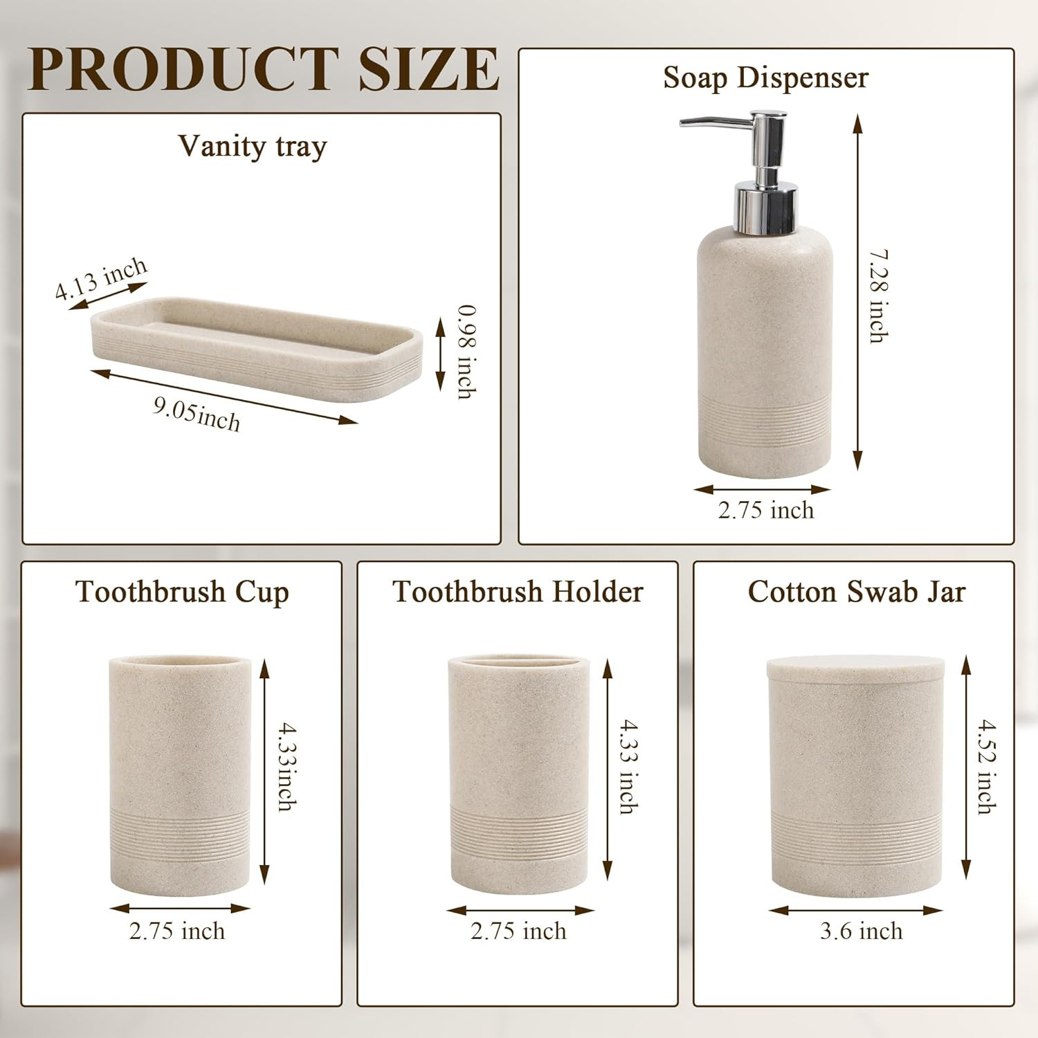 6-Piece Modern Bathroom Accessories Set in Beige - Organizer & Dispenser