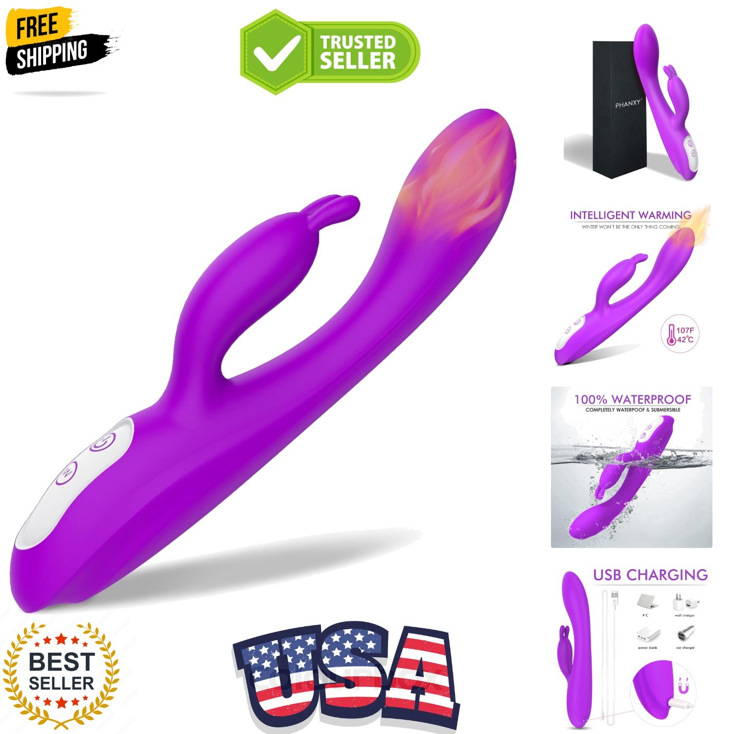 G Spot Rabbit Vibrator with Heating Function and Bunny Ears for Clitoris G-sp...