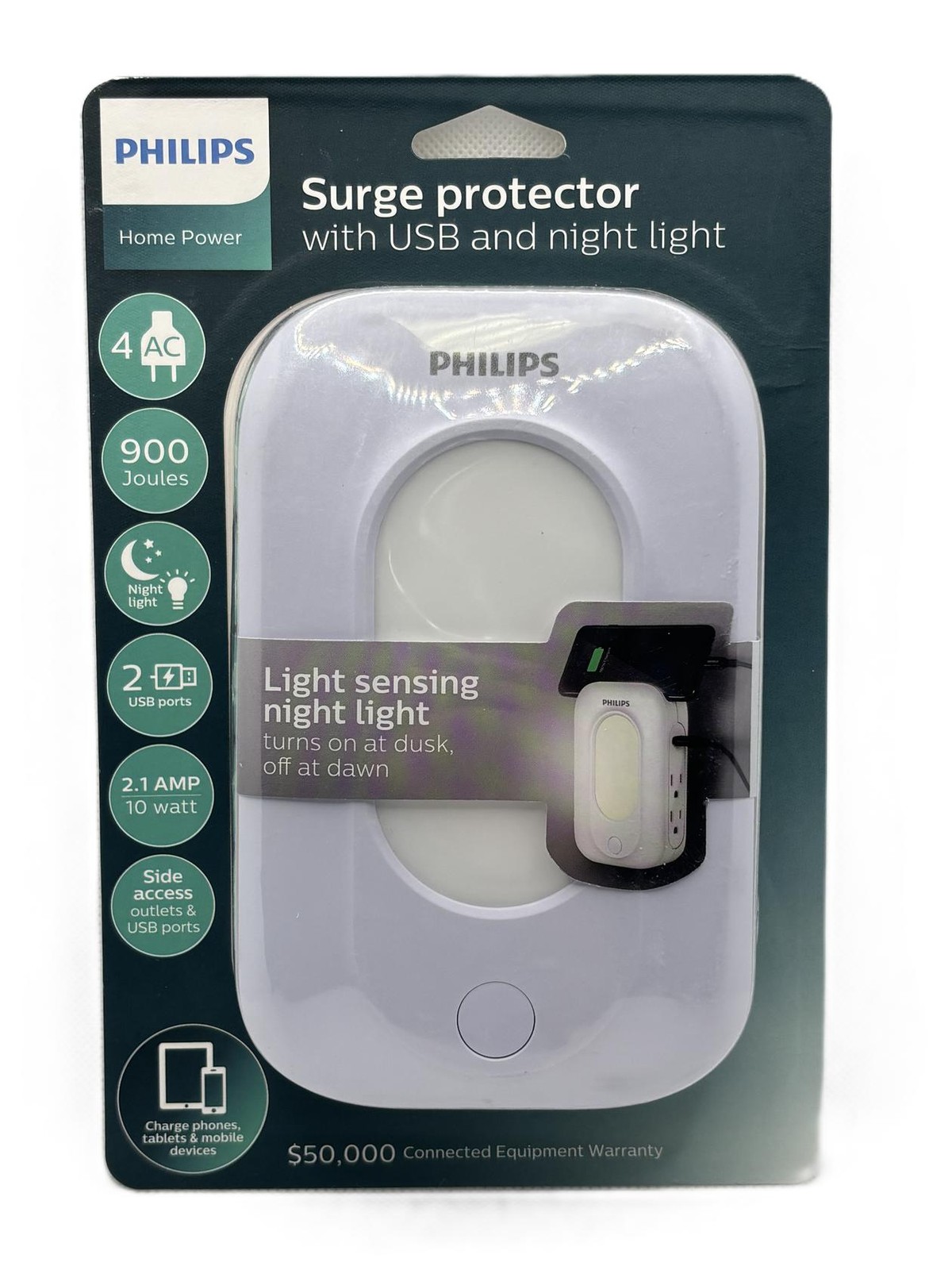 Philips 4-Outlet Surge Protector 2 USB, Night Light Wall Adapter White SPP6241WC
