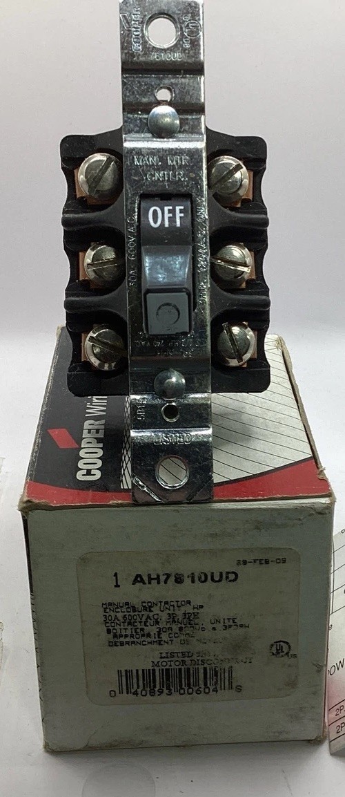Cooper Industries AH7810UD 30A 600VAC 3-Hole Manual Contactor NOS