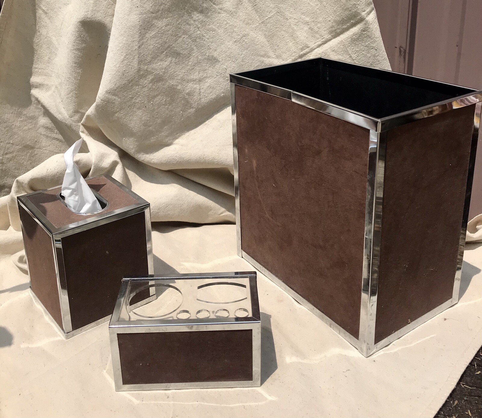 MCM Chrome Suede Wastebasket Tissue Makeup Holder Set Stylebuilt Accessories
