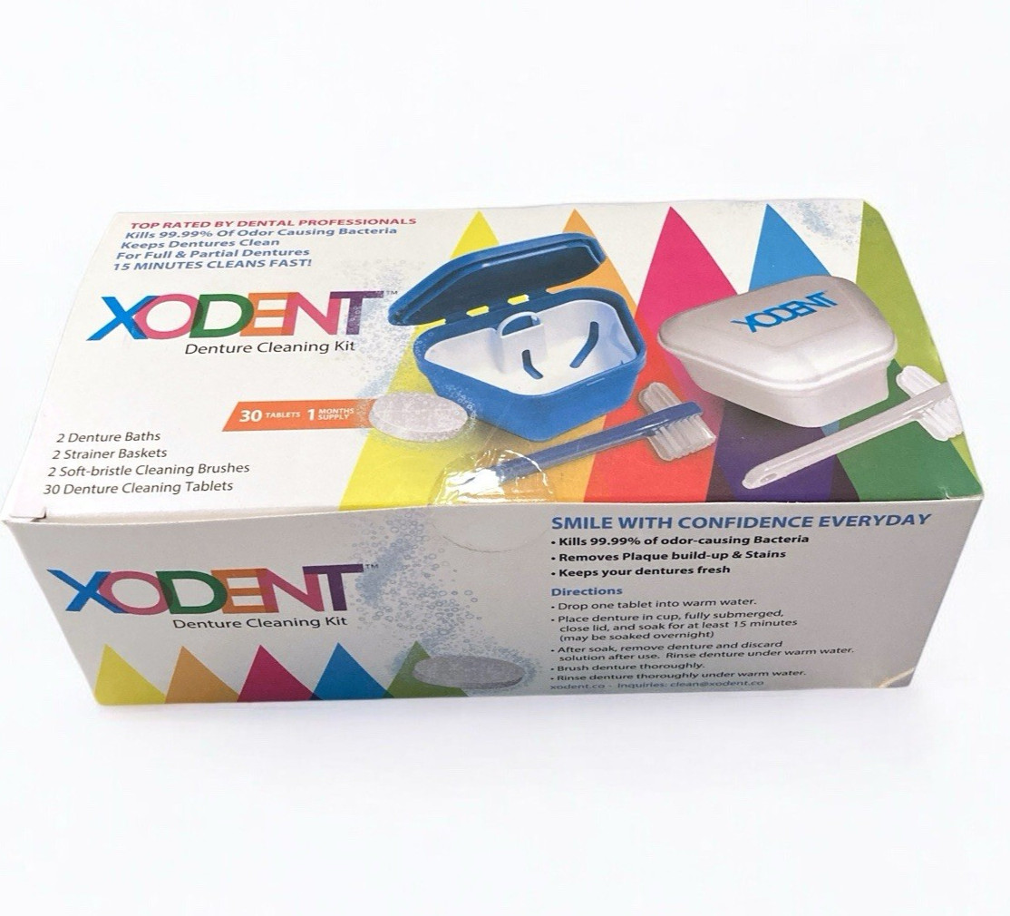 XODENT Denture Cleaning Kit 2 Baths/Strainers/Soft Brushes/30 Cleaning Tablets
