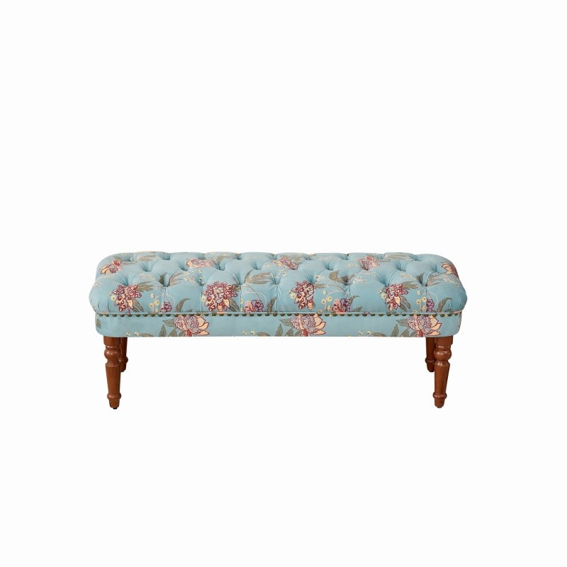 Classic Upholstered Button-Tufted Entryway Bench Ottoman with Turned Wood Legs