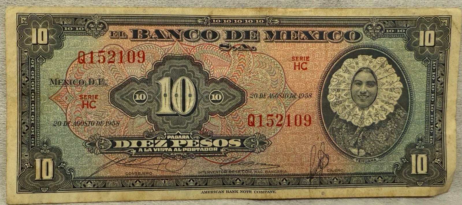 1958 Mexico 10 Pesos Tehuana Mexican banknotes Billete SERIE HC PREFIX Q 152109