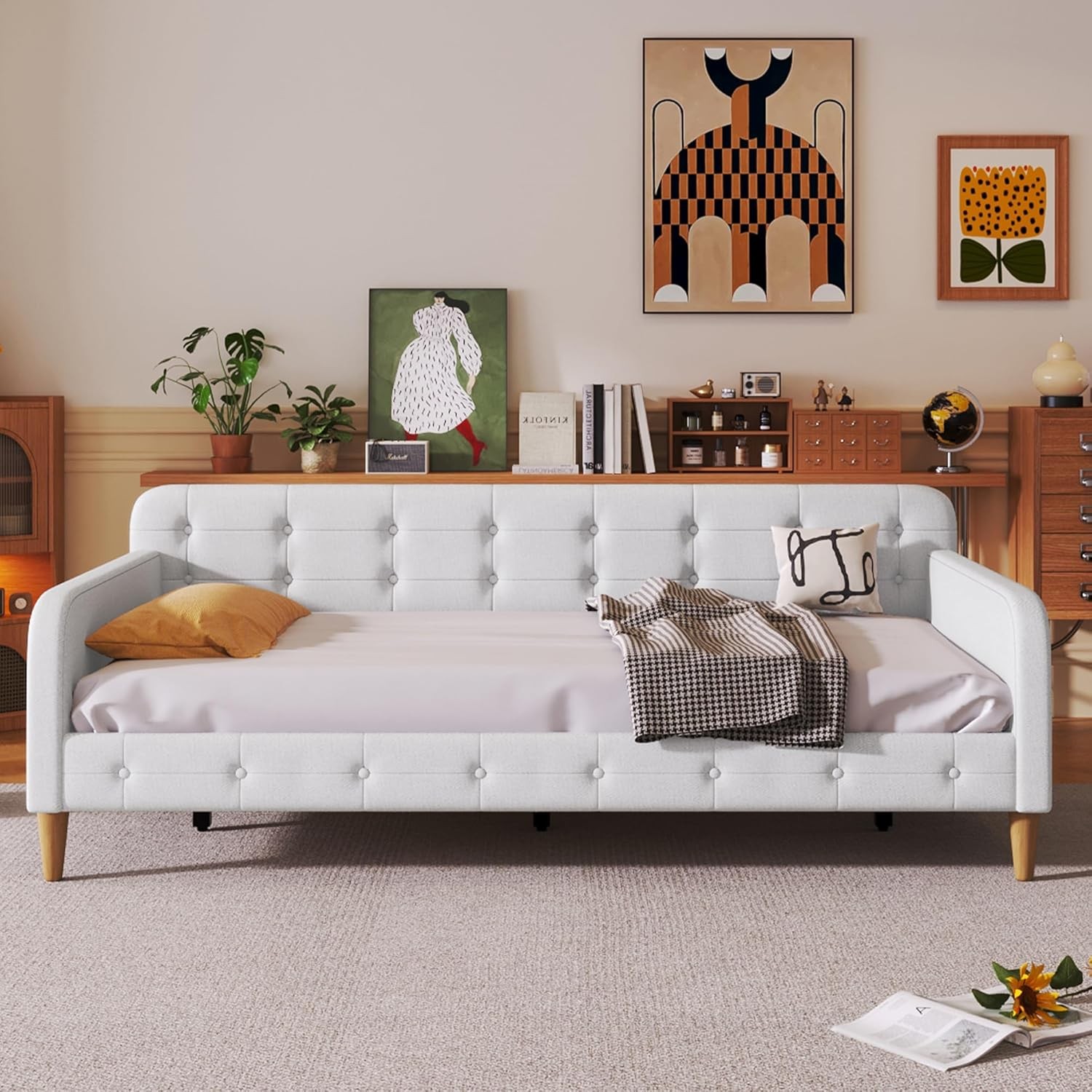 Twin Size Upholstered Daybed W/ 4 Support Legs Linen Sofa Bed Frame W/ Button