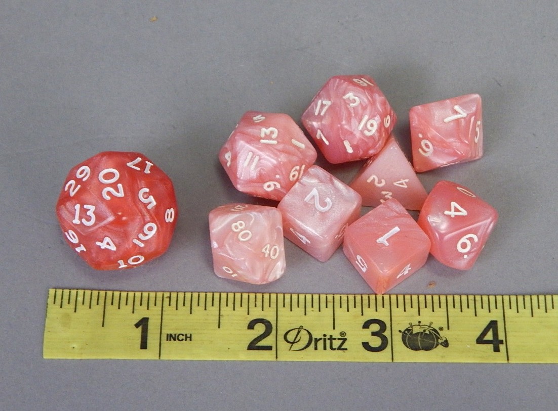 9pc King Cards rainbow marbled silk pink poly D&D dice set w D30 OOP