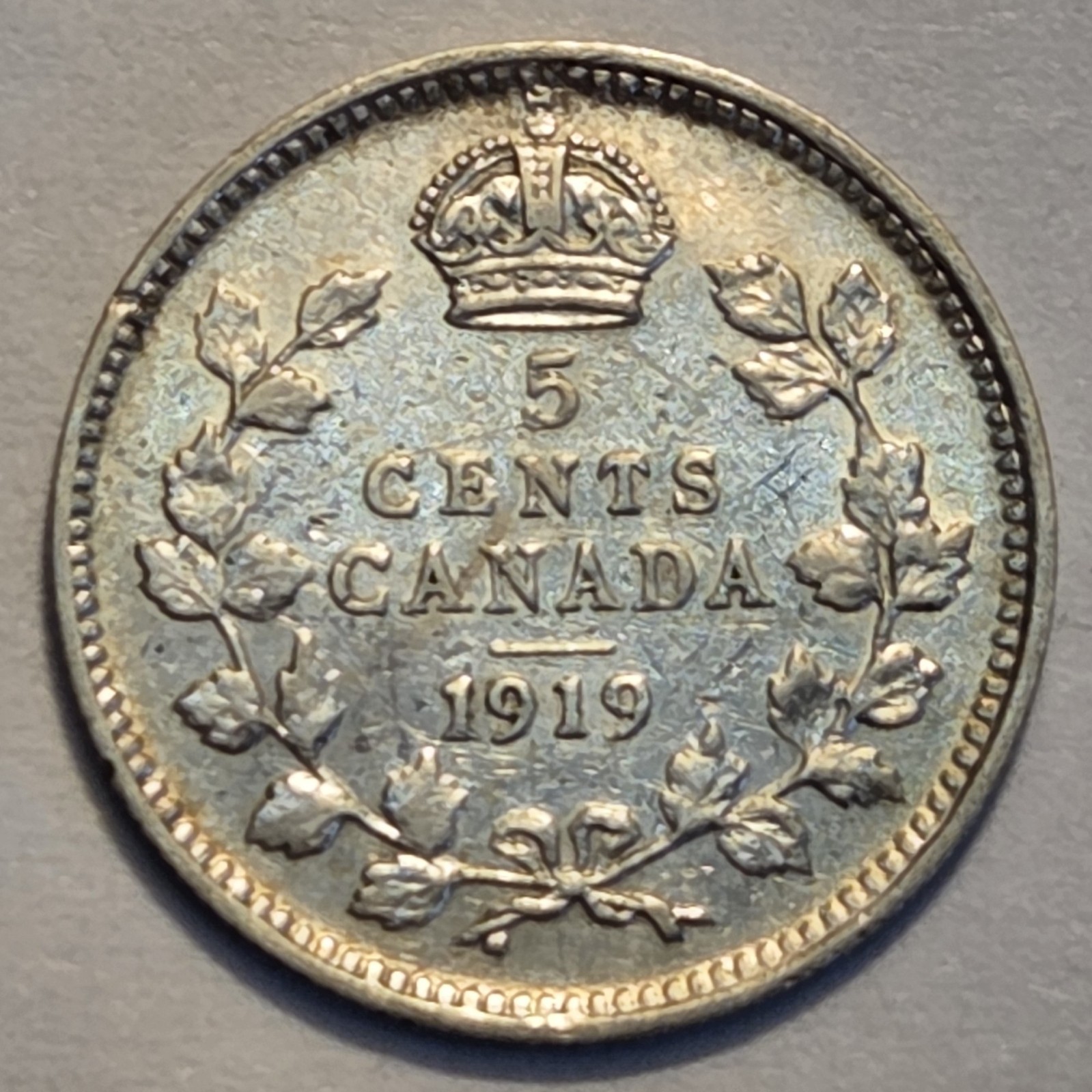About Uncirculated nicer Low Mintage 1919 Canadian 5 Cents Canada, cleaned
