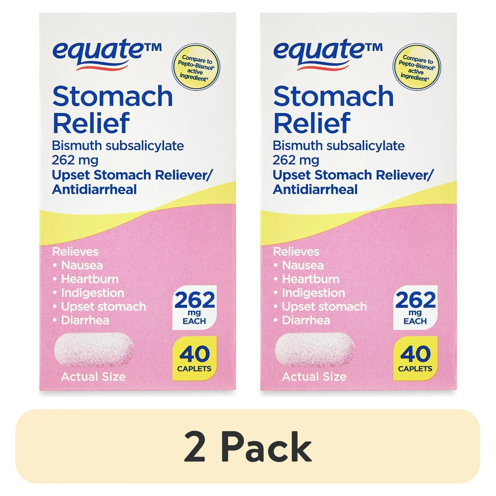 (2 pack) Equate Bismuth Caplets for Upset Stomach and Diarrhea Relief, 262mg, 40