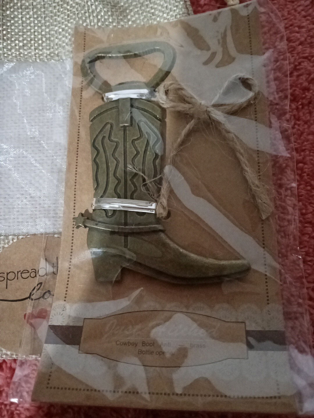 3.5" Tall Just Hitched Cowboy Boots Anti-brass Bottle Opener NEW In Burlap Bag