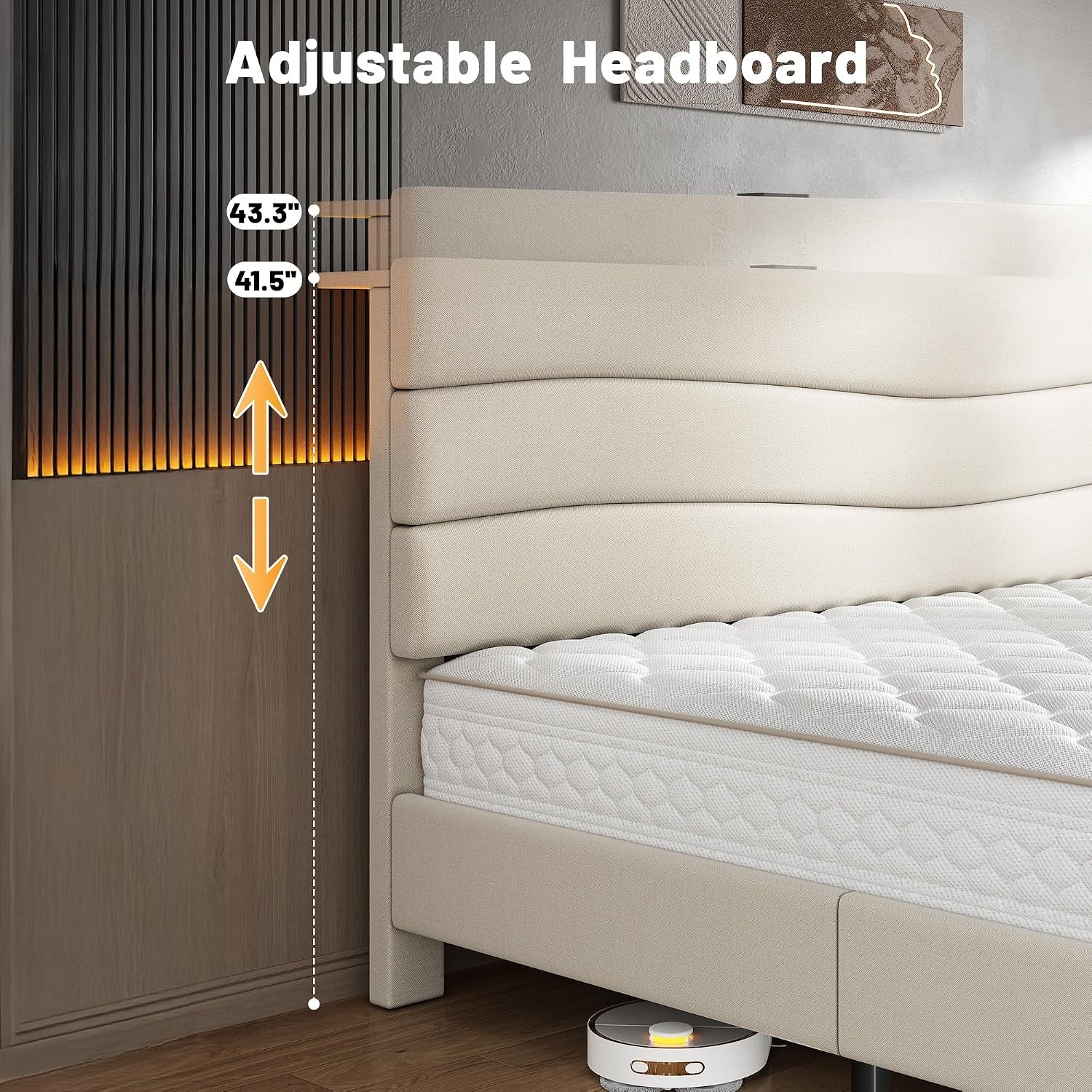 Twin Size Bed Frame W/ Adjustable Height Headboard Noise-Free Upholstered