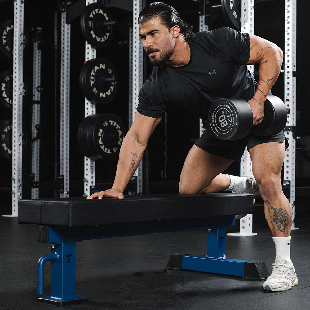 Titan Fitness TITAN Series Single Post Flat Bench, Rated 1,200 LB, Navy Finish