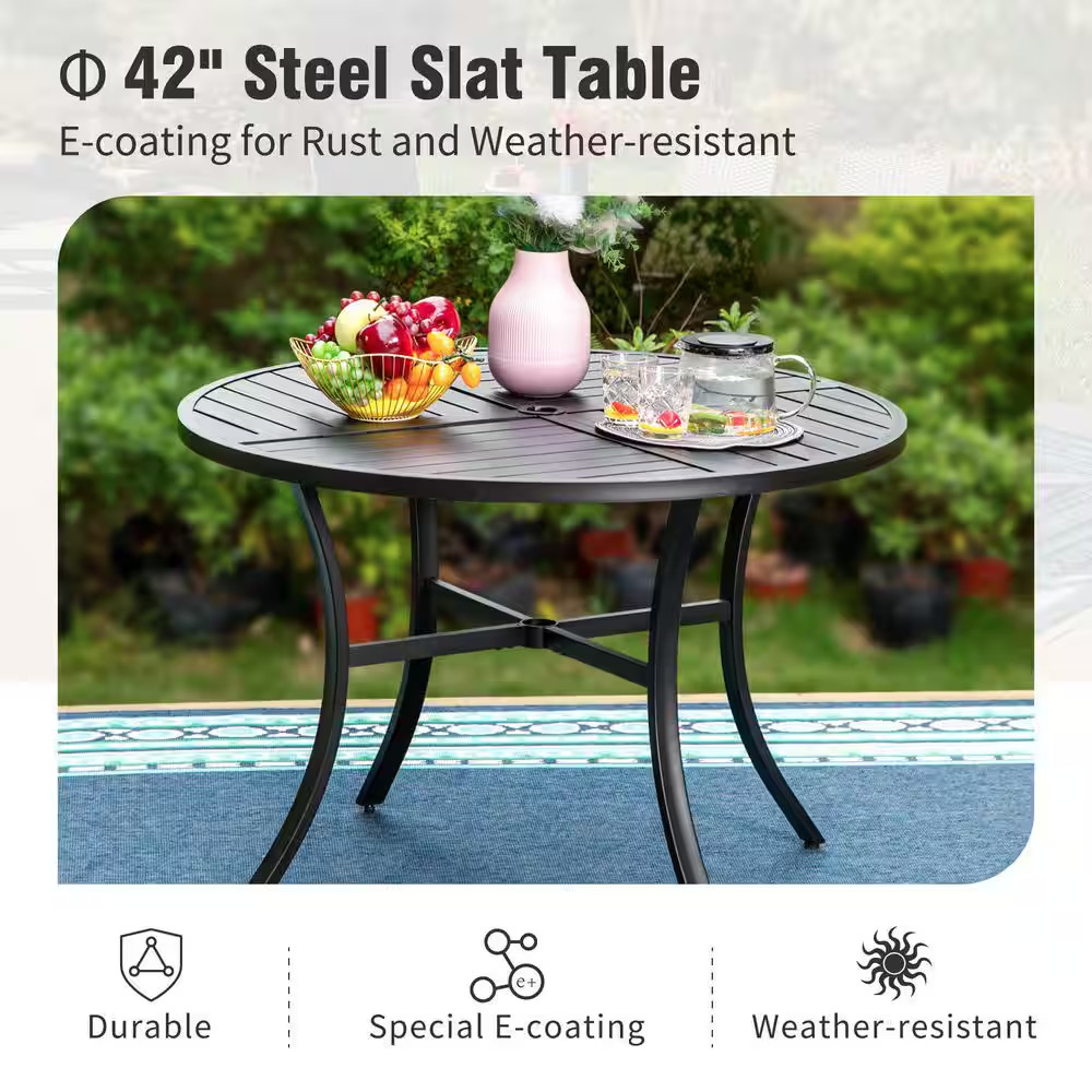 Black 5-Piece Metal Patio Outdoor Dining Sets with Stamped round Table and Gourd