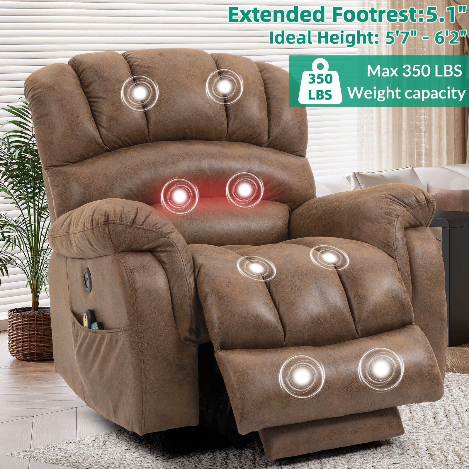 Large Power Lift Recliner Chair w/ Heat Massage & Extended Footrest for Tall Man