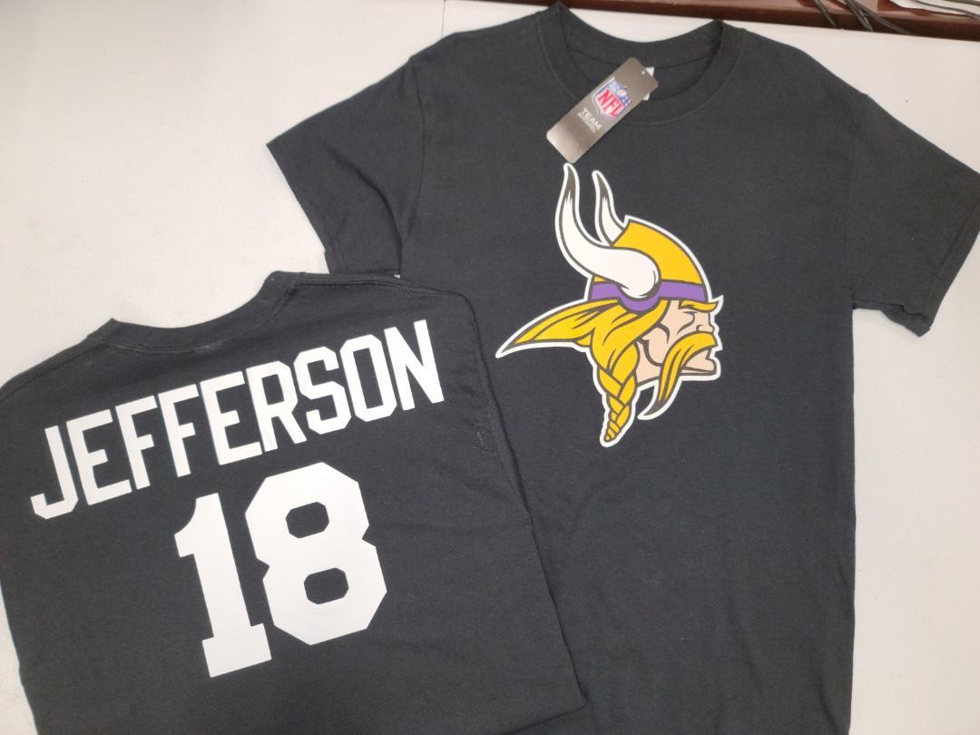 21116 Boys Youth MINNESOTA VIKINGS JUSTIN JEFFERSON Football SHIRT BLACK PURPLE