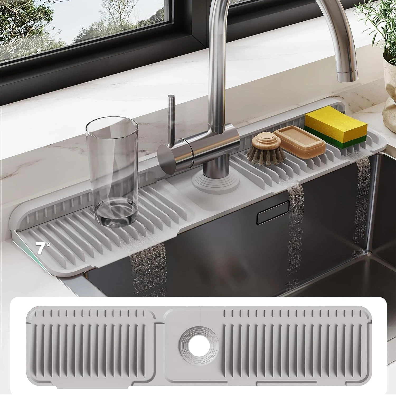 24 Inch Silicone Faucet Mat for Kitchen Sink Splash Guard - 7° Slope Water Drain