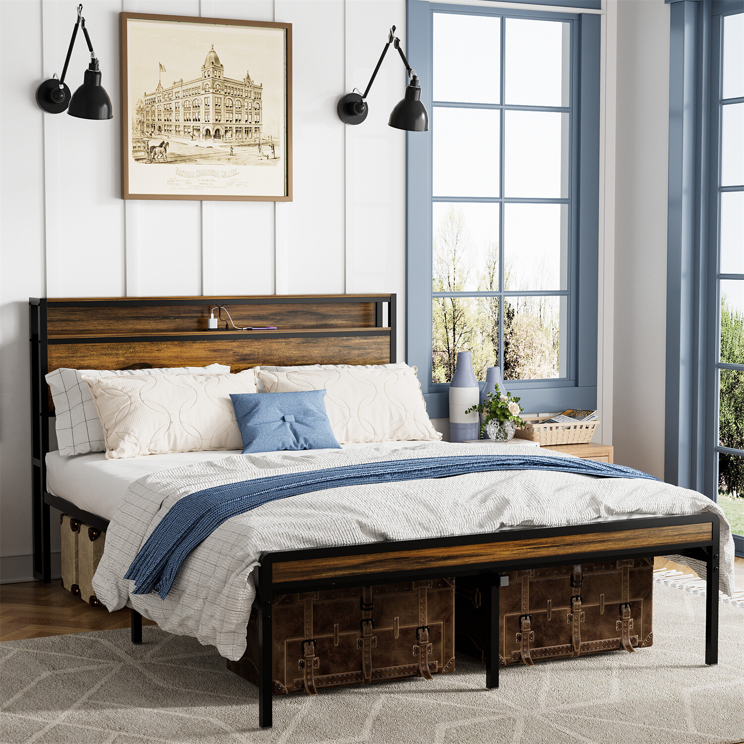 Queen Size Bed Frame Metal Platform Bed Frame w/ Storage Headboard & USB Ports