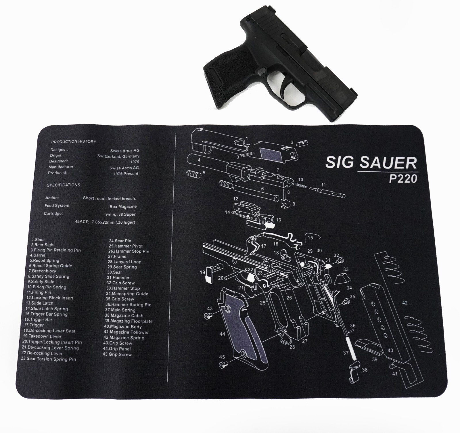 Gun Cleaning Mat for Sig Sauer P220 Breakdown Schematics Parts Diagram