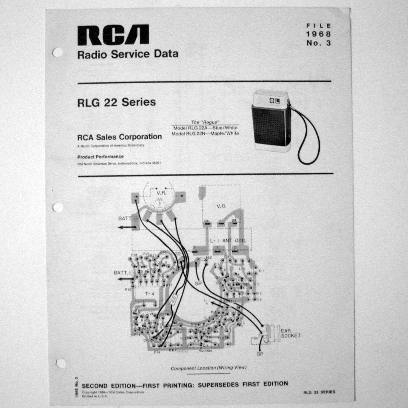 RCA ® Model RLG22 Series Portable Transistor Radio - Service Sheet © 1968