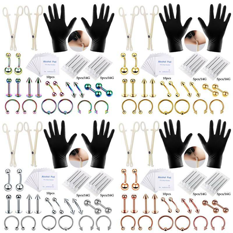 42PCS Professional Piercing Kit 14G 16G Steel Belly Ring Tongue Tragus Lip Nose