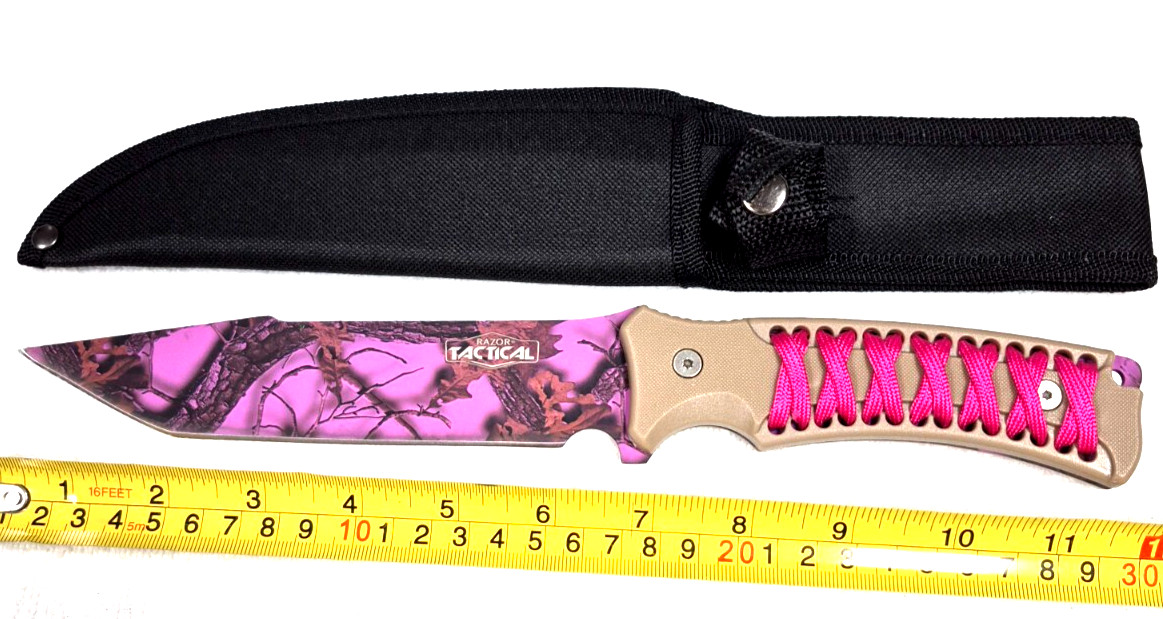 12" TACTICAL HUNTING FIXED BLADE KNIFE WITH NYLON CASE PINK/PURPLE FULL TANG