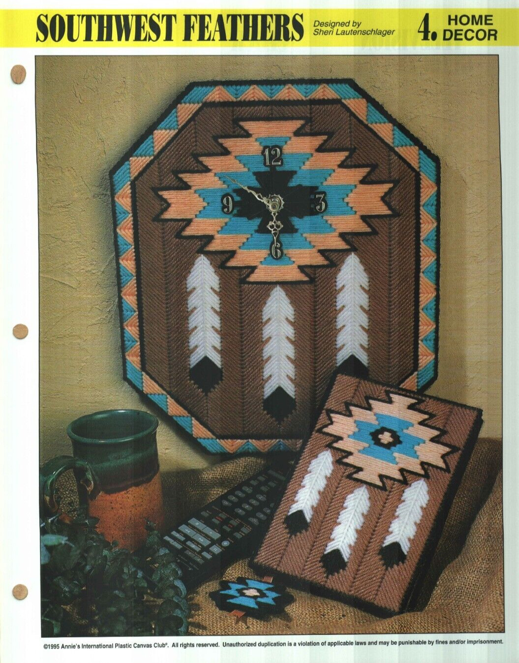 NEW SOUTHWEST FEATHERS CLOCK ANNIE'S PLASTIC CANVAS PATTERN INSTRUCTIONS
