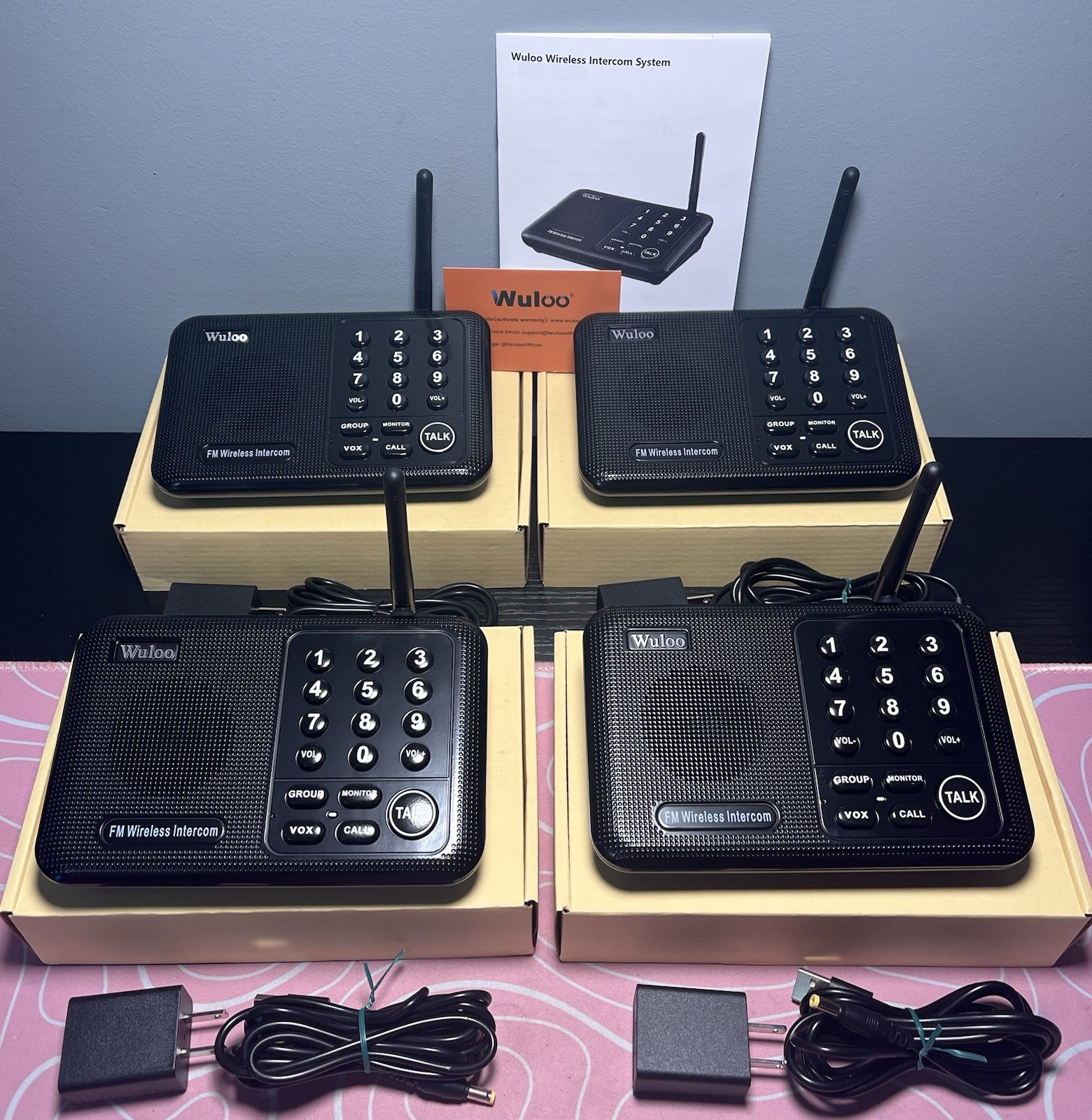 Wuloo 4 pack Wireless Intercom System 10 Channel 3 Code, 5280ft, W666-P4 Black