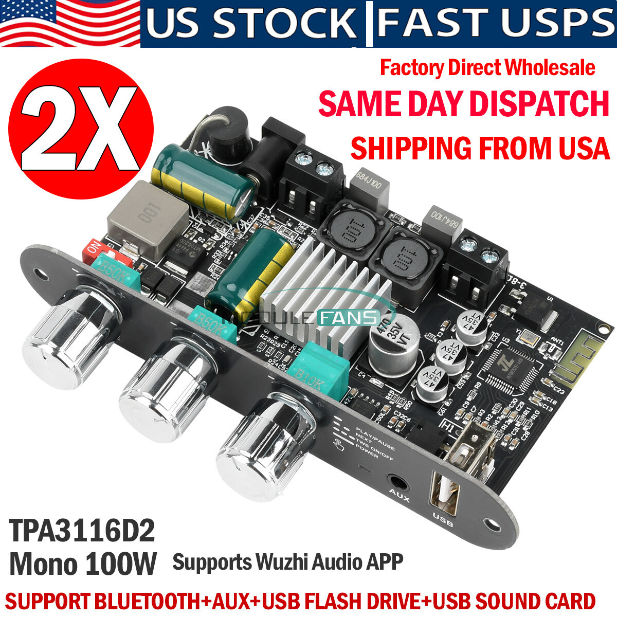 2Pcs ZK-1001U 100W For Mono Bluetooth Audio Power Amplifier Board Module USA