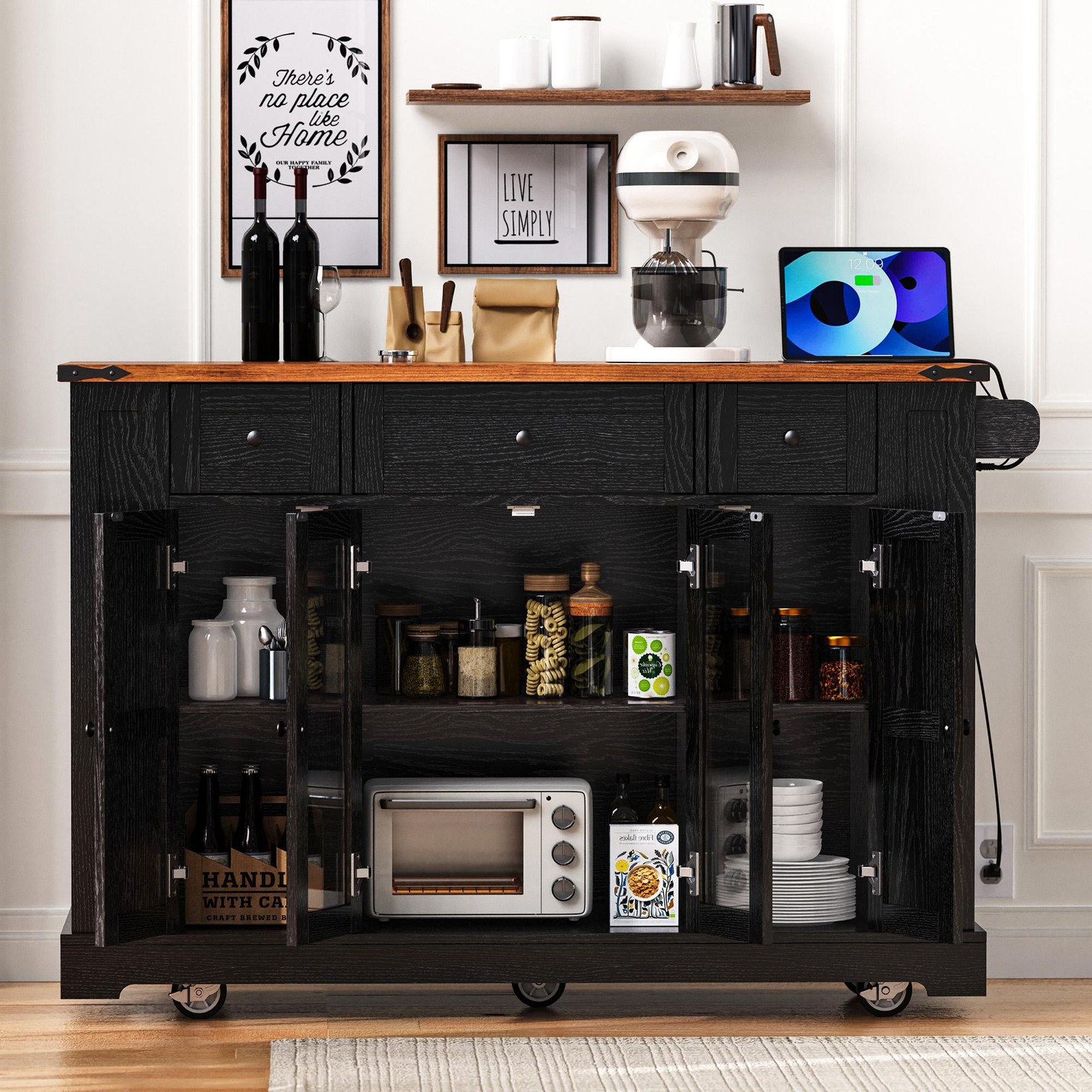 Vinsetto 53" Farmhouse Kitchen Island with Cabinet Doors, Black