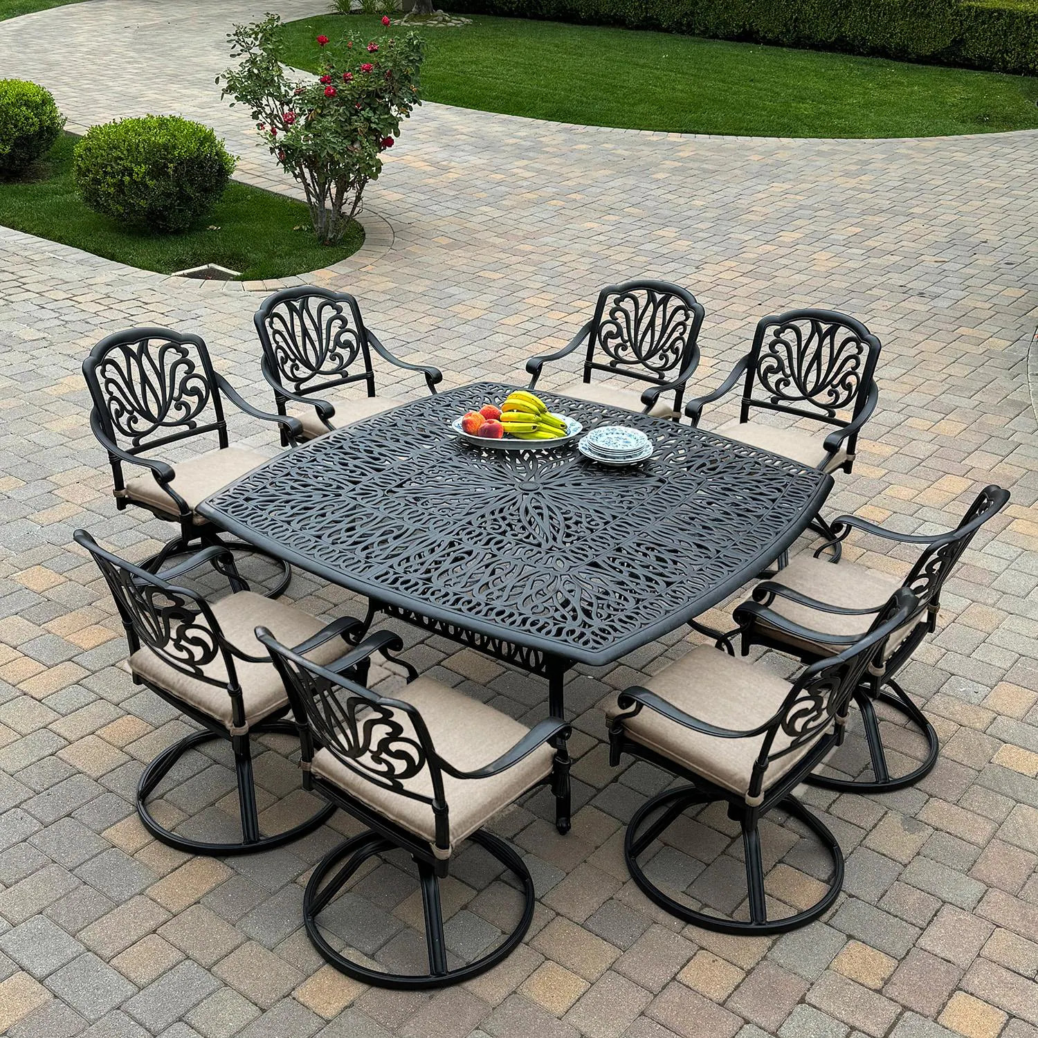 Elisabeth 9 Pc Cast Aluminum Dining Set 64 Inch Table & Swivel Rockers in