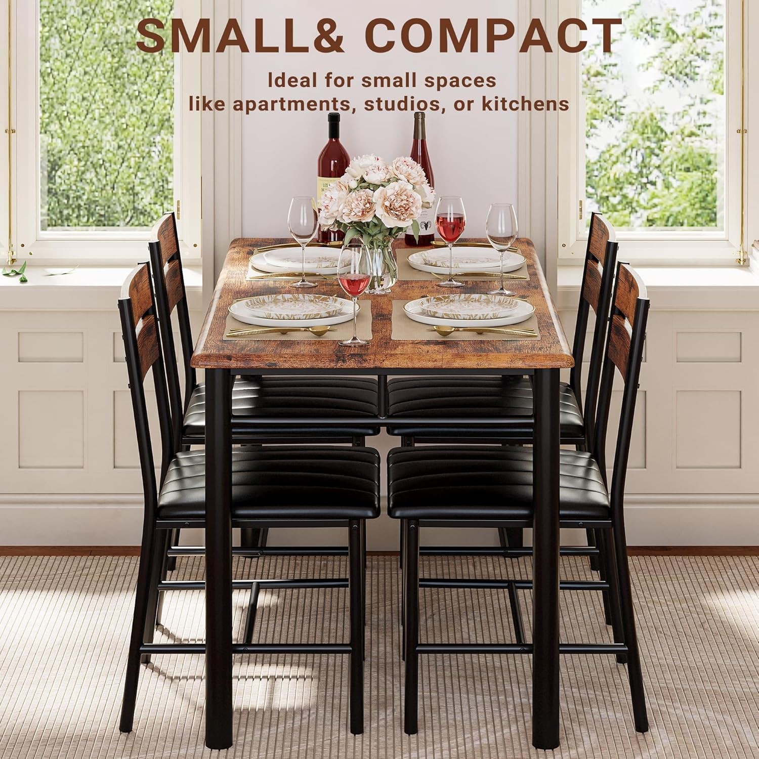 Dining Table Set 4 Wood Kitchen Table W/ Upholstered Chairs Kitchen Room & Small