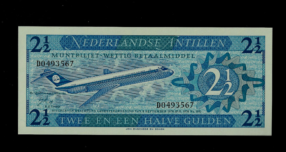 NETHERLANDS ANTILLES( 1 ) BANK NOTE  2 1/2 GULDEN 8 . 9 , 1970  P 21 CRISP UNC